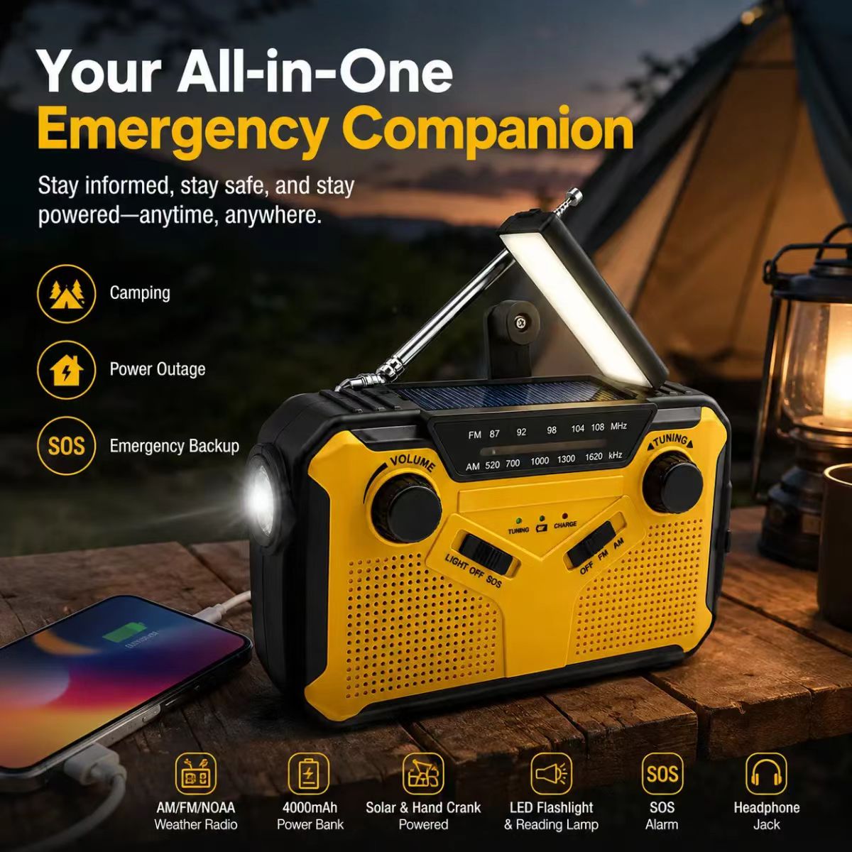 Emergency Radio Solar - Rádio Solar Portátil AM/FM com Dínamo