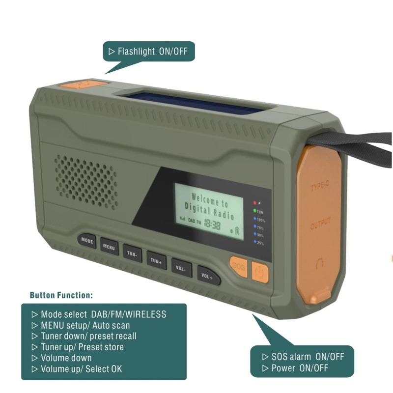 Emergency Radio Solar - Rádio DAB/FM Bluetooth para Emergências ao